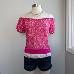 Y2k hot pink and white sheer lace off the shoulder short sleeve top